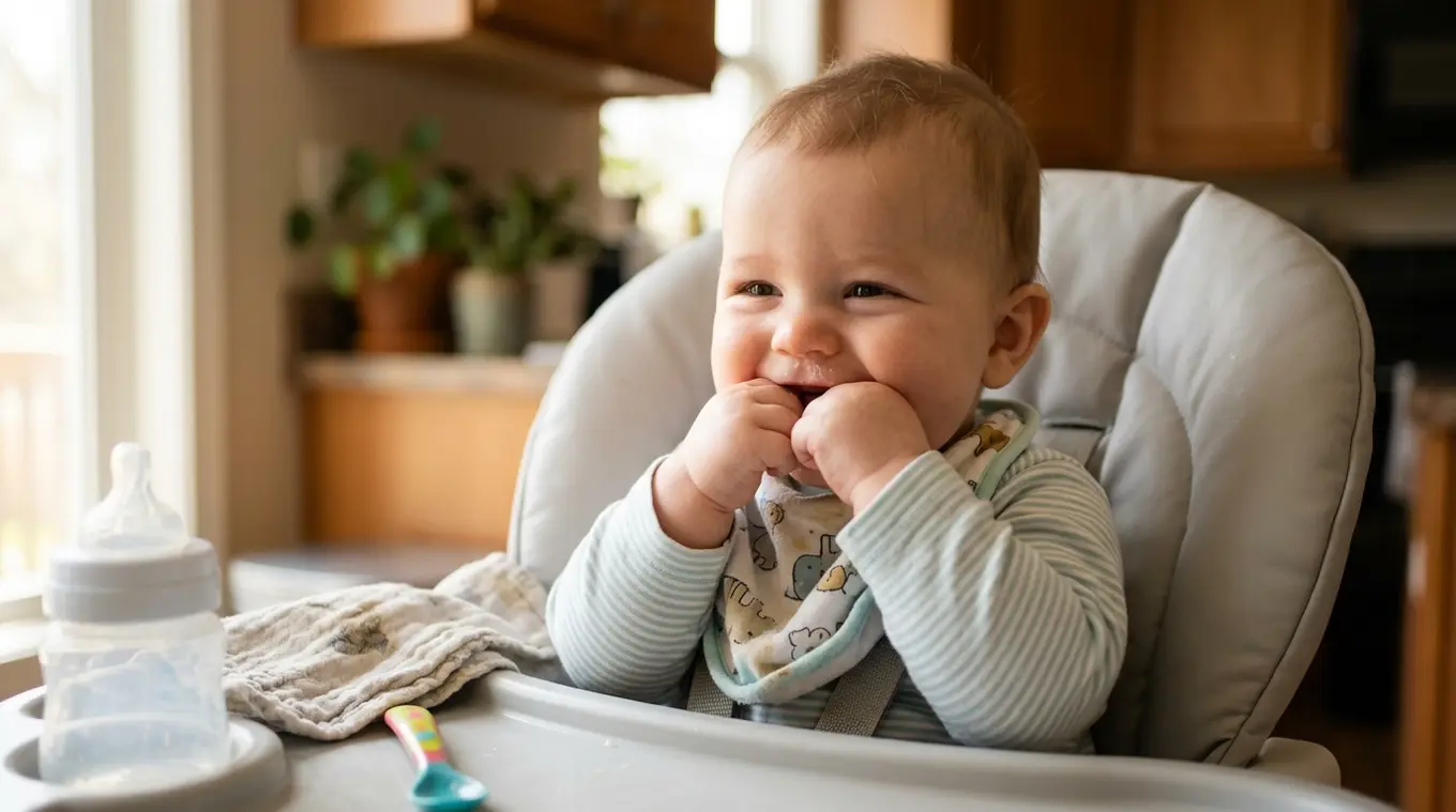 Baby sabbelt op handjes na voeding