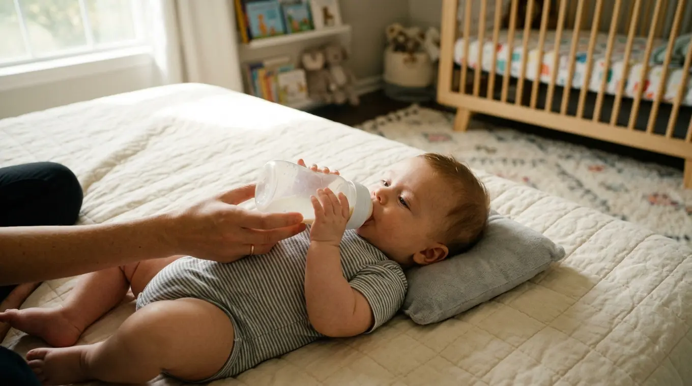 Baby liggend voeden fles